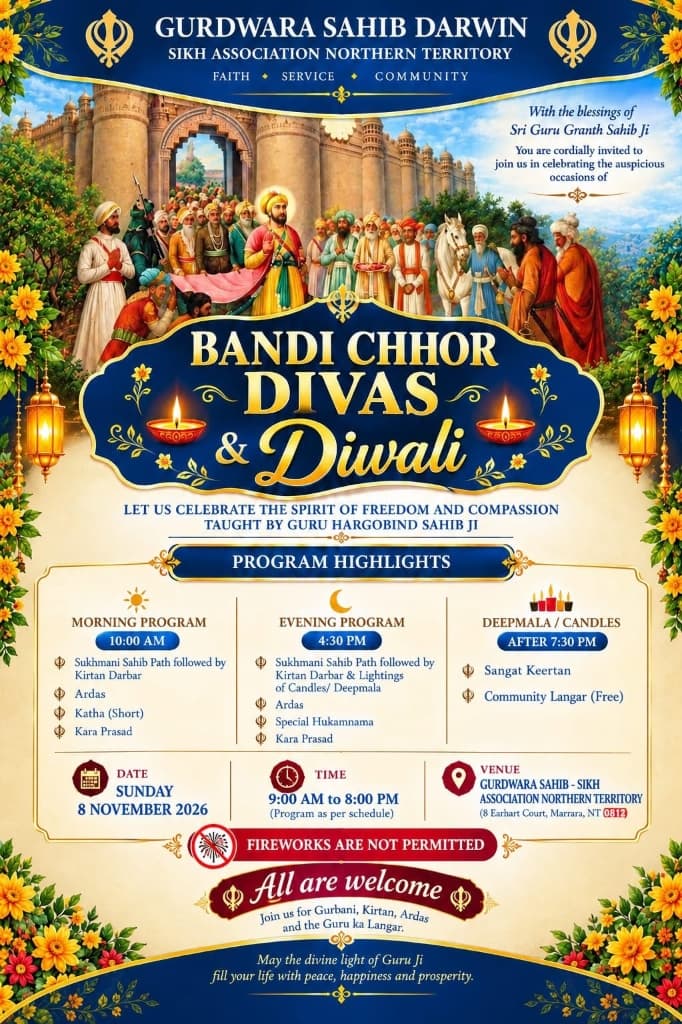 Bandi Chhor Divas & Diwali — Sunday 8 November 2026 at Gurdwara Sahib Darwin